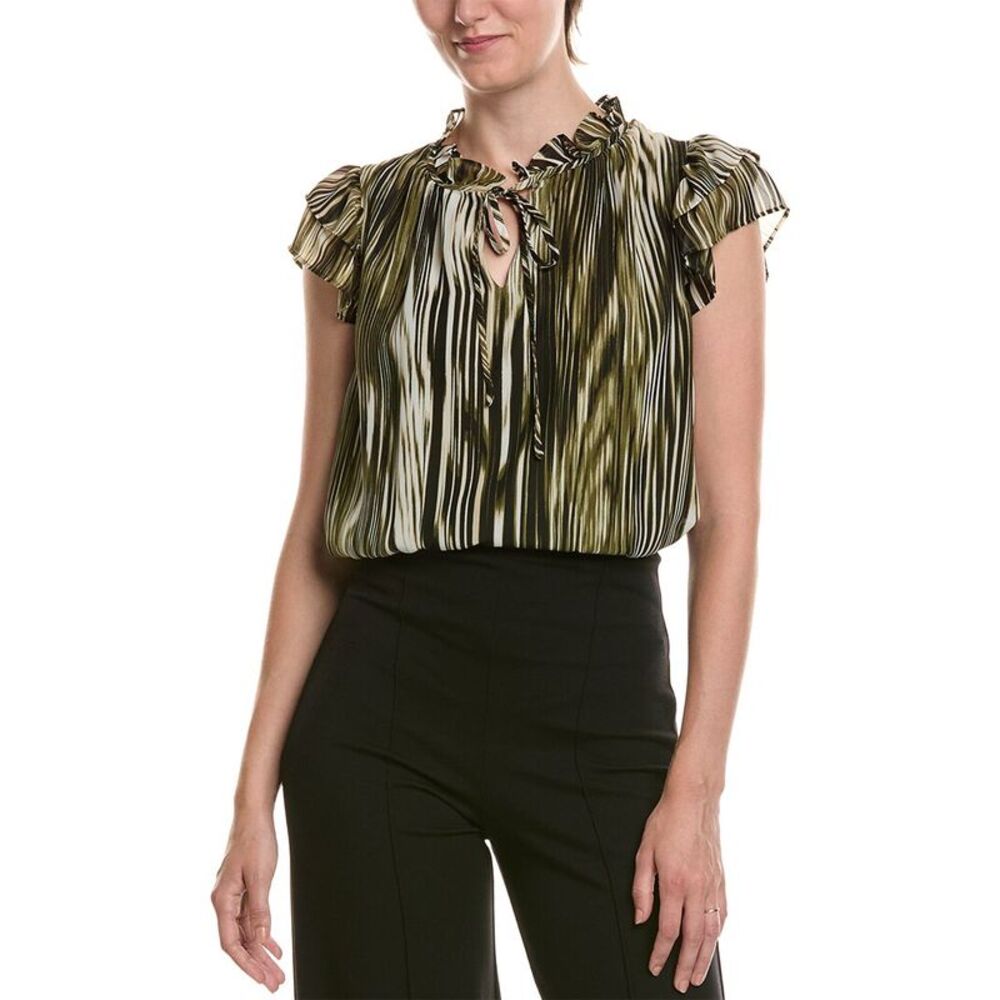 Anne Klein Womens  Ruffle Sleeve Tie Neck Blouse, Green